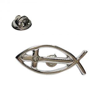 Rhodium Plated Icthus Religion Religious Lapel Pin Badge with Crystal Cross