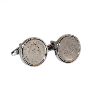 Rhodium Plated Cufflinks with Polished Decimal Five Penny Coin