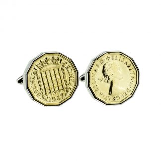 Rhodium Plated Cufflinks with Polished Pre Decimal Thrupenny Bit Coin
