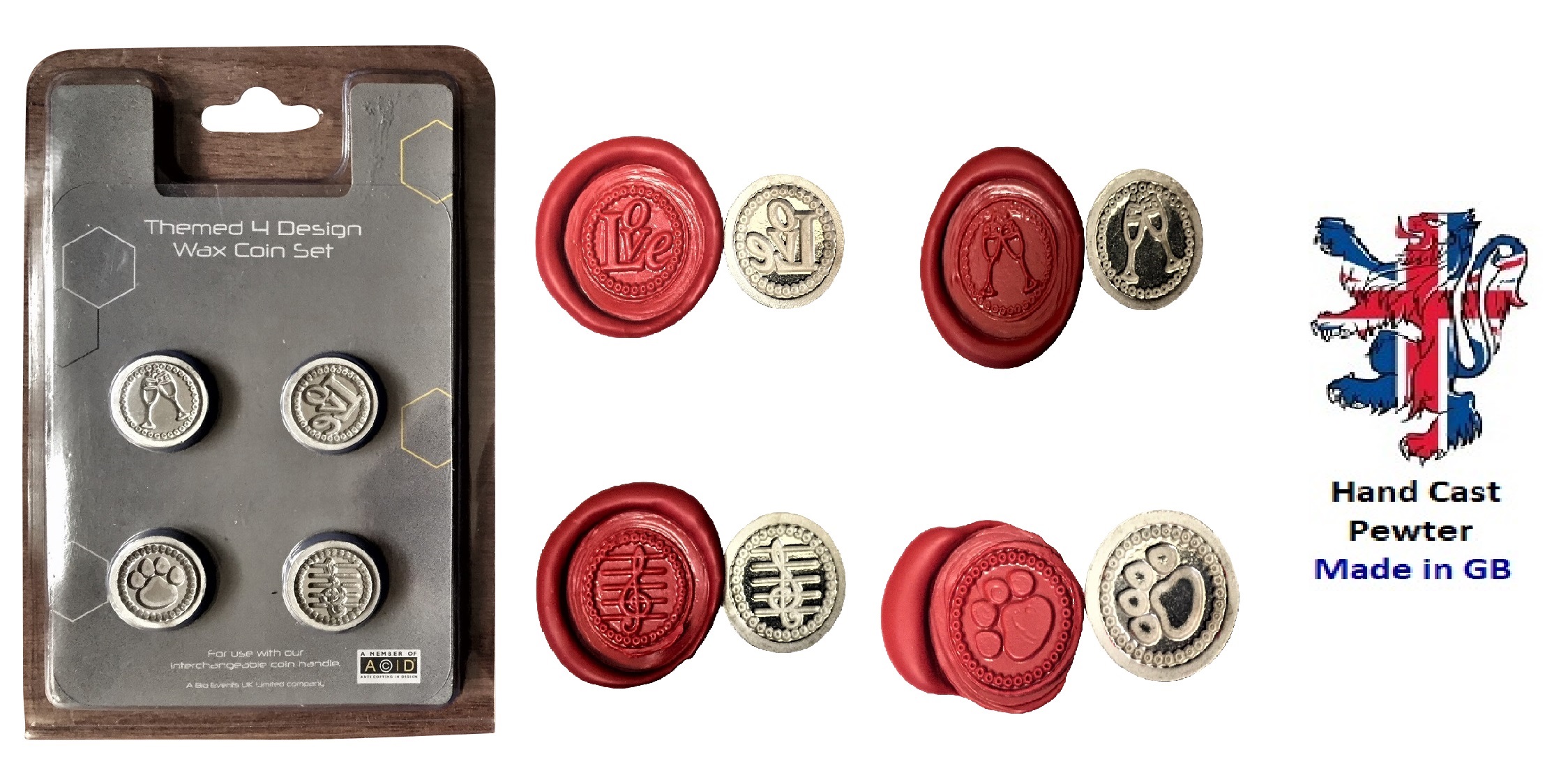 SET A : English Hand Cast Pewter Wax Sealing Coins x 4 designs. For use with our Pewter handle kits available above