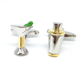 Cocktail Shaker and Glass Martini Green Olive Cufflinks