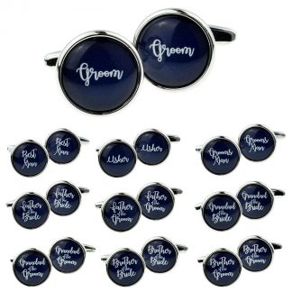 Navy Blue Wedding Cufflinks with White Script Font