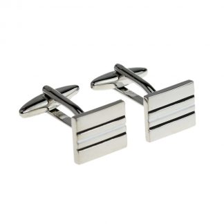 Rectangular White and Black Thin Striped Cufflinks