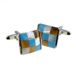 Brown, Turquoise & White Check Cufflinks