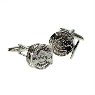 Large Rhodium Plated Fishing Reel Cufflinks