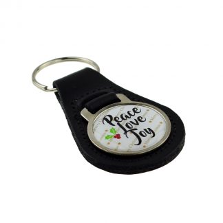 Circular Keyring Christmas Motif on bonded leather tab, Peace Love Joy