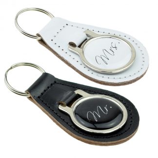 Mr & Mrs Script Font Bonded Leather Keyring Set